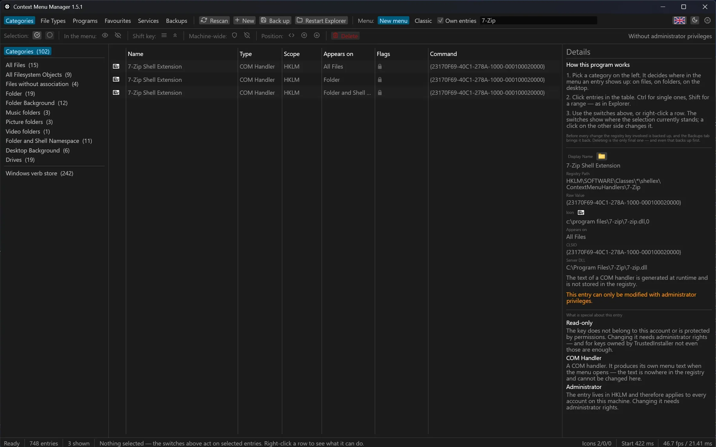 The Categories tab with an entry selected, its detail pane showing the full registry path of the entry