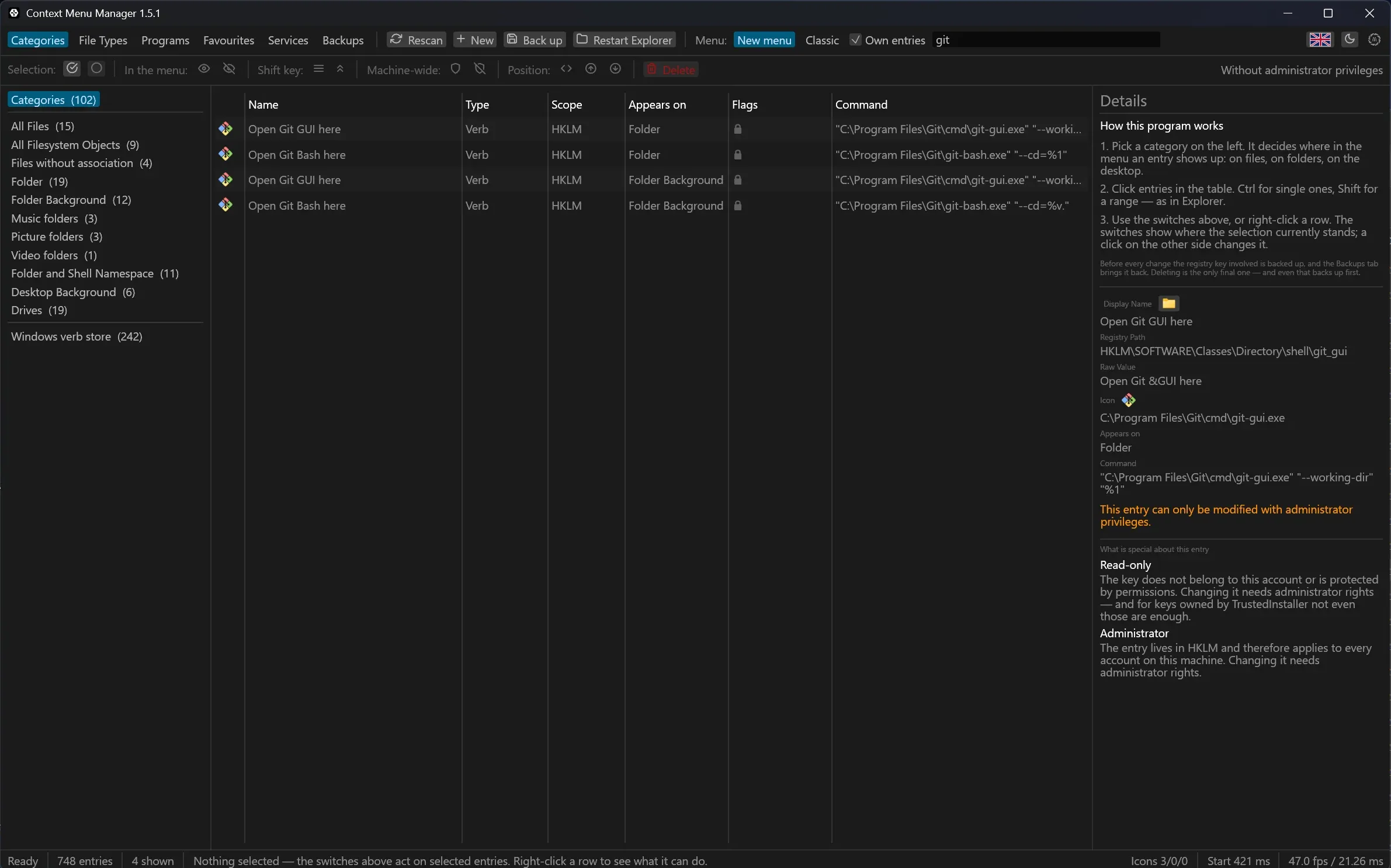 The window with the search box filled in, the table below it showing only the entries that match.