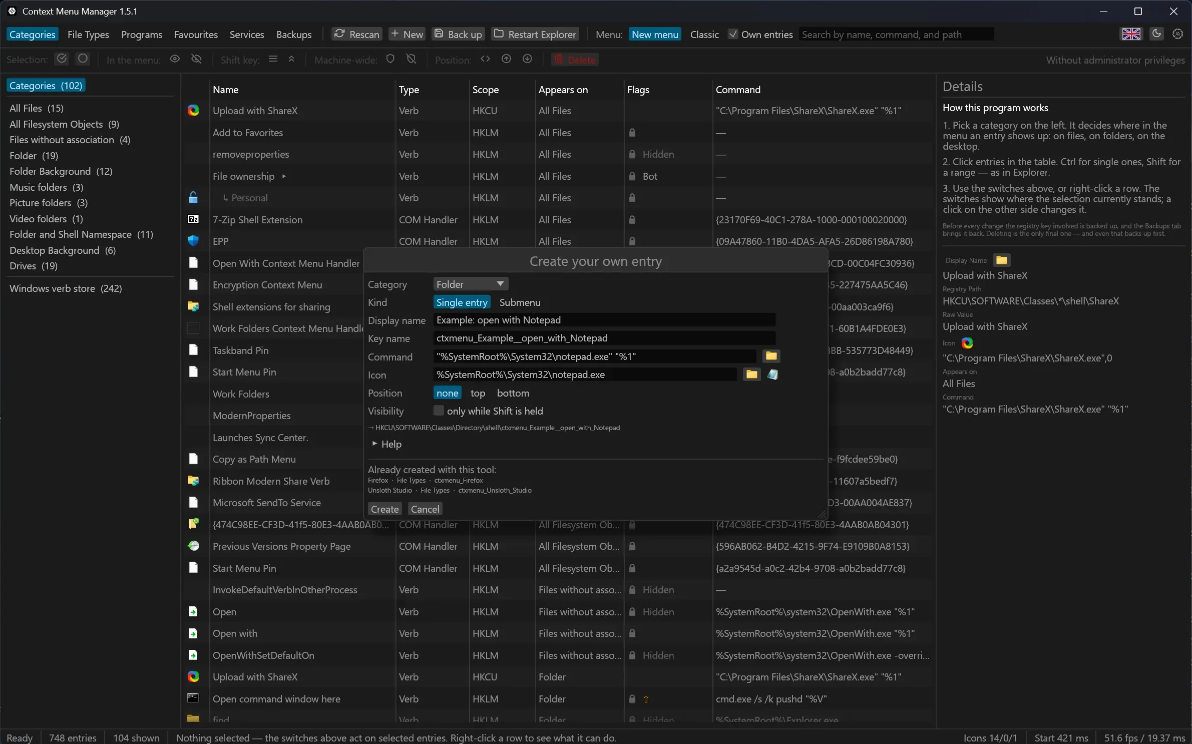 The editor for a new entry: display name, command, icon and position, with the registry path it will land in shown under the form.