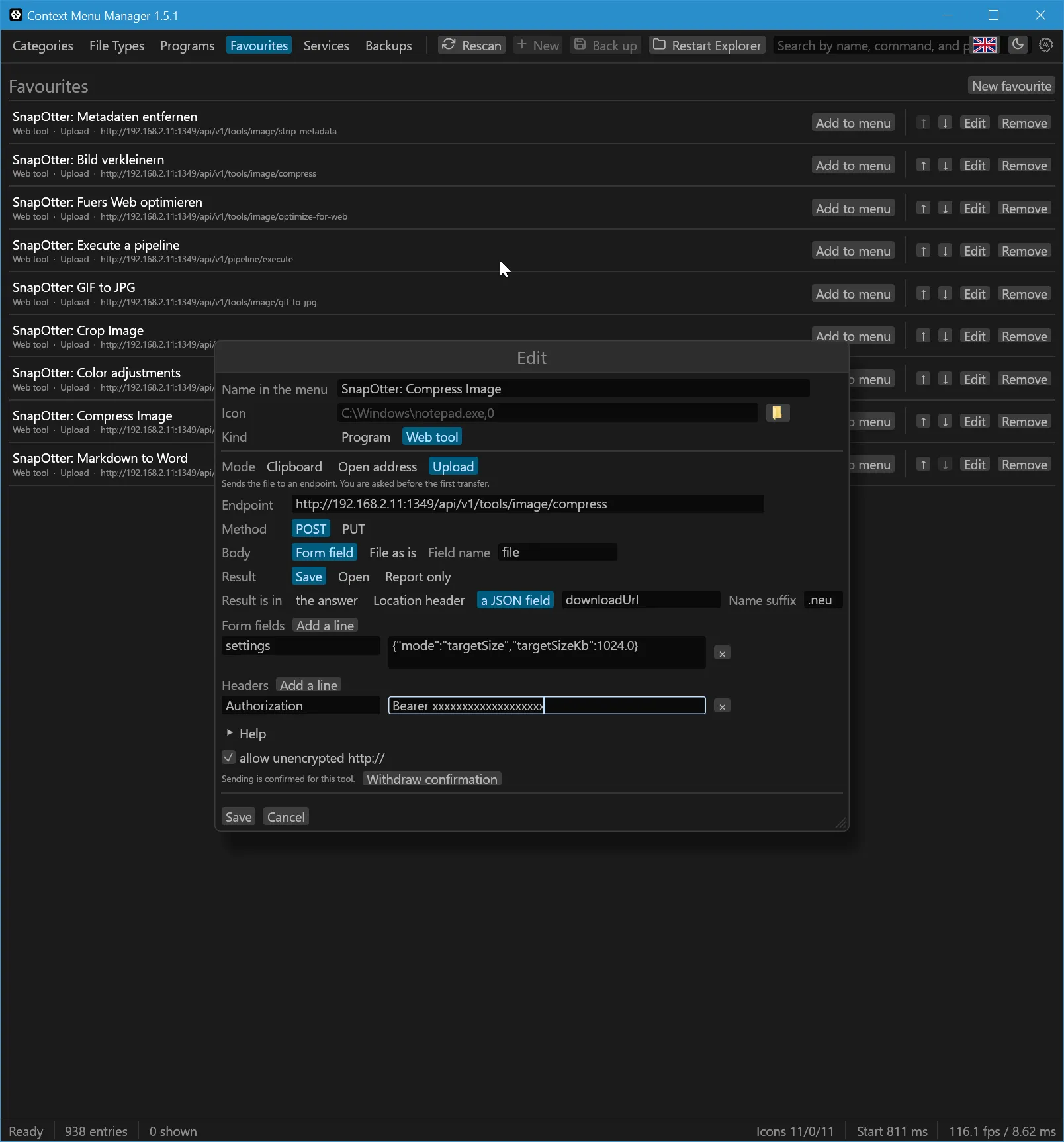 The Favourites tab with nine web tools, and the form of one of them open