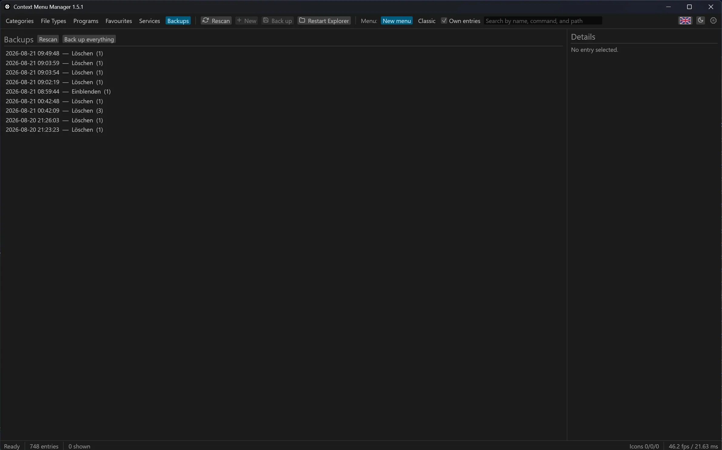 The Backups tab: every backup taken, with its action, its time and the keys it covers.
