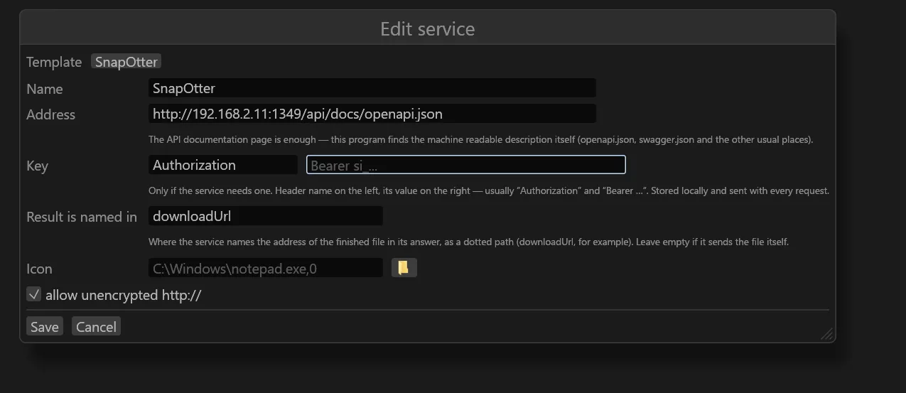 The Edit service dialog: template, address, key, and where the result is named.