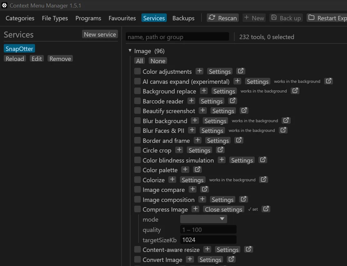 The image group opened, with the settings of one tool showing mode, quality and target size.