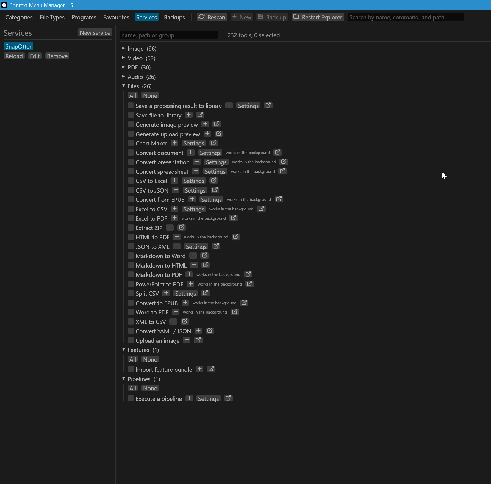 The services tab after reading the description: 232 tools in seven groups.